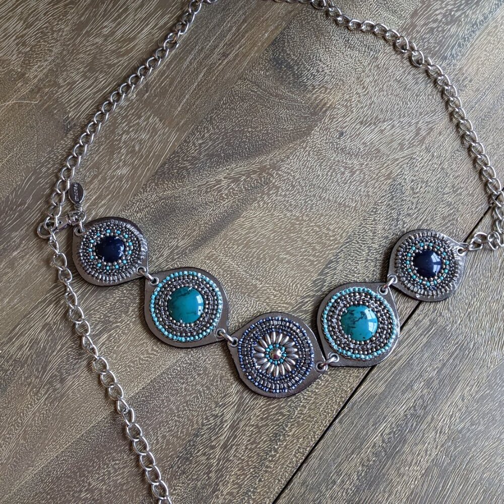 Chico's, Faux Turquoise, Stones Beaded Medallions, Adjustable Metal Chain Belt